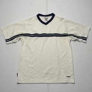 Vintage Reebok Y2K V-Neck Athletic Shirt White Navy Striped Tee Size XL Retro
